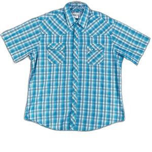 Mens Short Sleeve Pearl Snap Shirt Sz XL Wrangler Western Rockabilly Plaid Blue